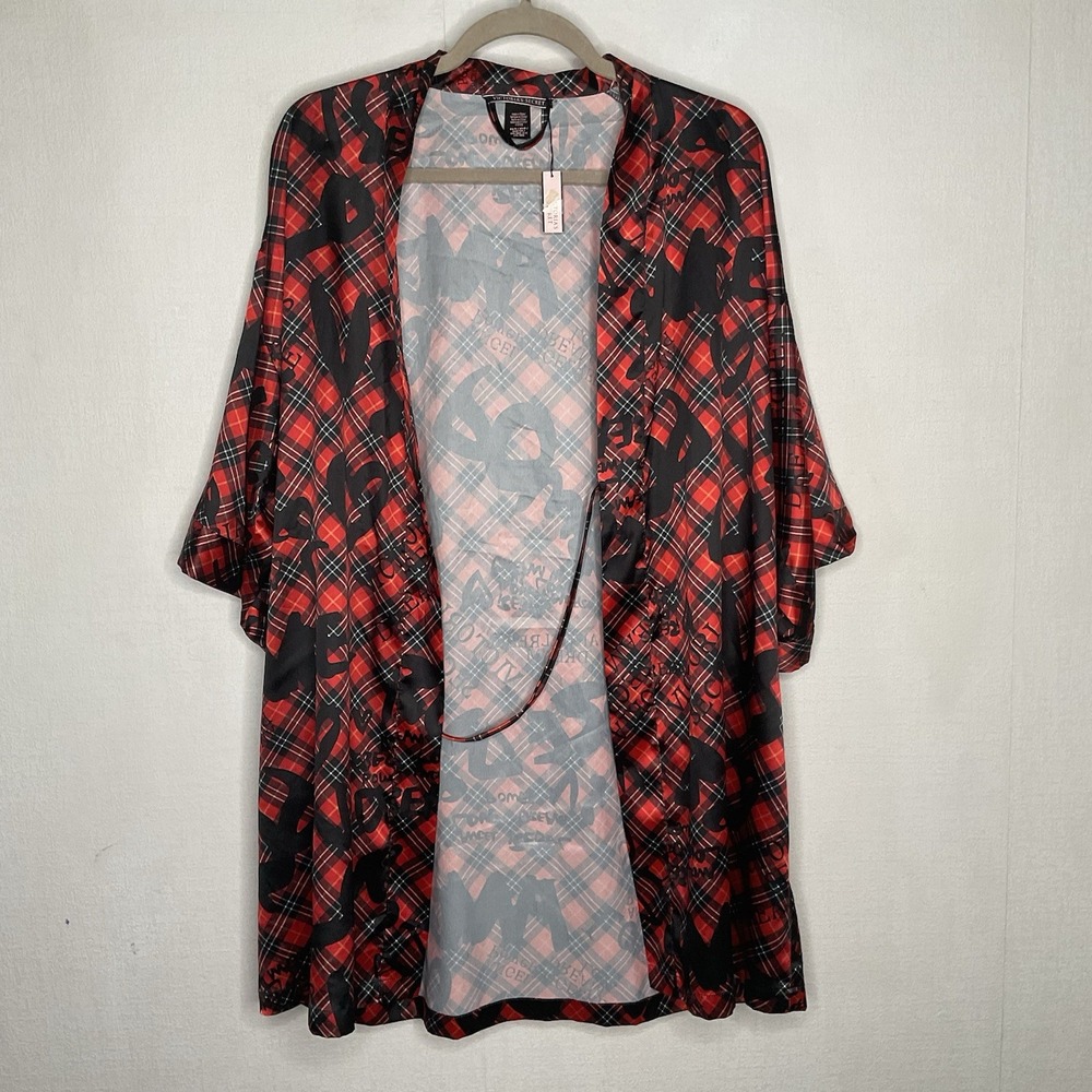 Victoria's Secret Red and Black Plaid Monogram Robe Women's Size XS Missing Belt